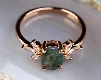 Oval Moss Agate Engagement Ring: Rose Gold Plated Sterling Silver, CZ Accents