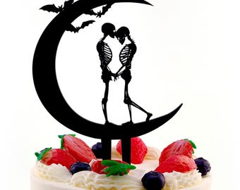 Schedel bruidstaarttopper: Halloween-skeletpaar silhouet