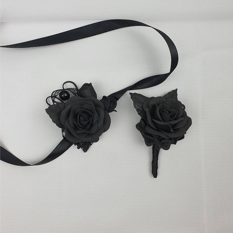 Black Rose Boutonniere: Gothic Wedding Groom Lapel Pin image 7