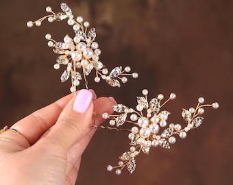 Pearl Floral Wedding Hair Pins Set of 2, Gold Bridal Hair Pieces, Bridesmaid Pins