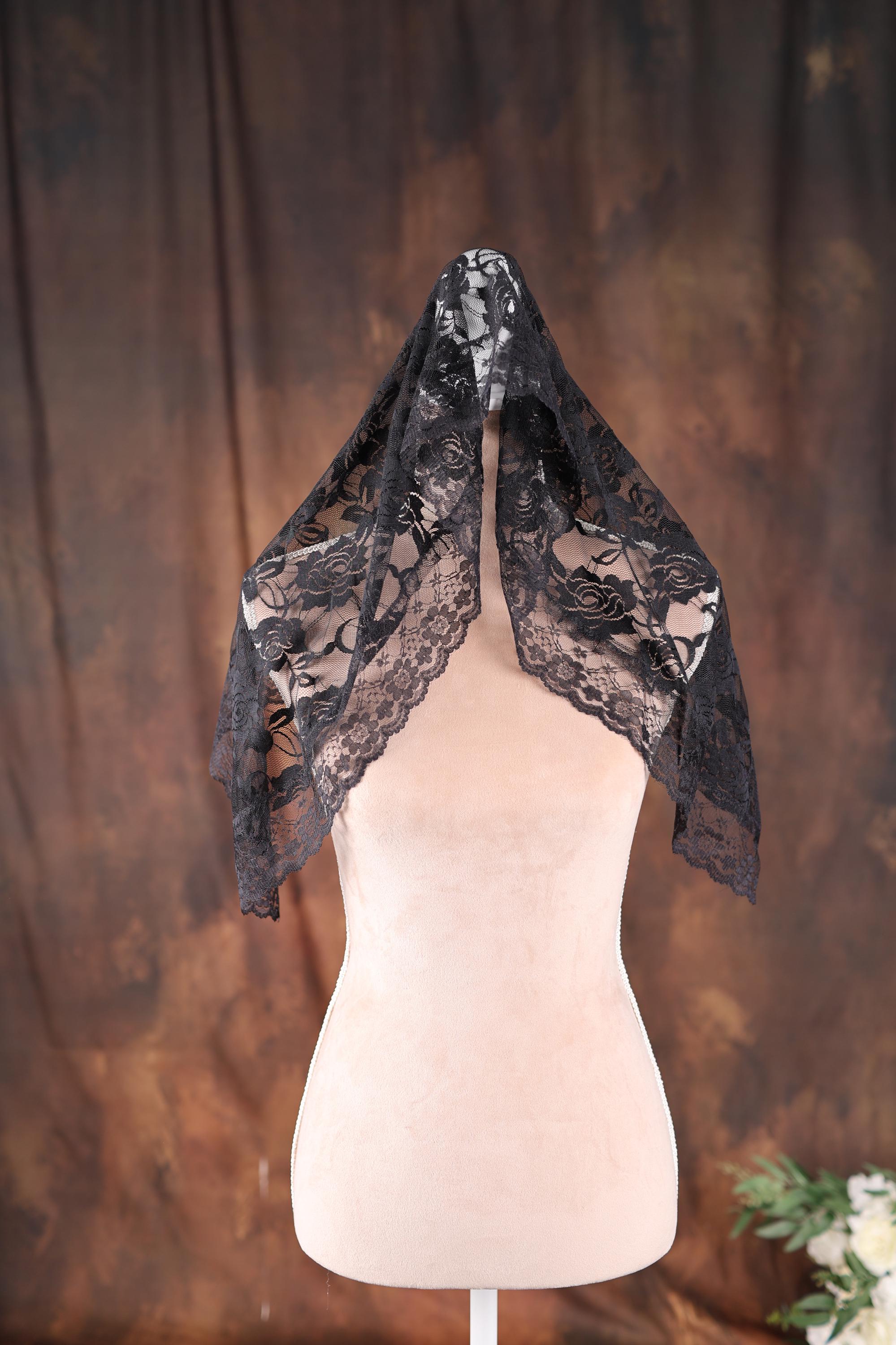 Voile De Dentelle Noir Avec Gants Courts - Accessoire Mariée, Halloween, Costume Gothique - Voile Femme élégant Avec Peigne - 2 Pièces
