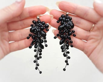 Black Crystal Bridal Earrings, Long Gothic Wedding Earrings, Prom Statement Jewelry, 4 Inch