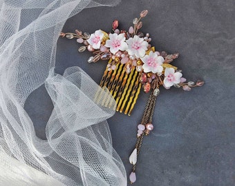 Cherry Blossom Hair Comb, Pink Sakura Hair Accessories, Blush Flower Bridal Hair Piece VF-361