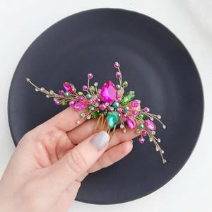 Fuchsia & Turquoise Crystal Bridal Hair Comb - 6 Inch