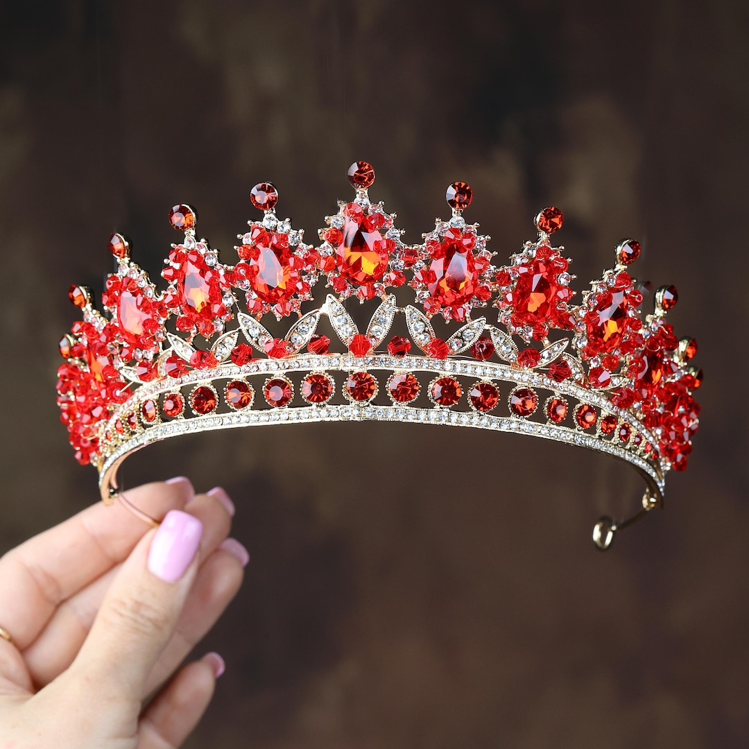 Red Crystal Wedding Tiara. Crystal Bridal Crown. Gold Rhinestones ...