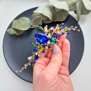 Royal Blue Crystal Wedding Hair Comb: Gold Bridal Hair Jewelry