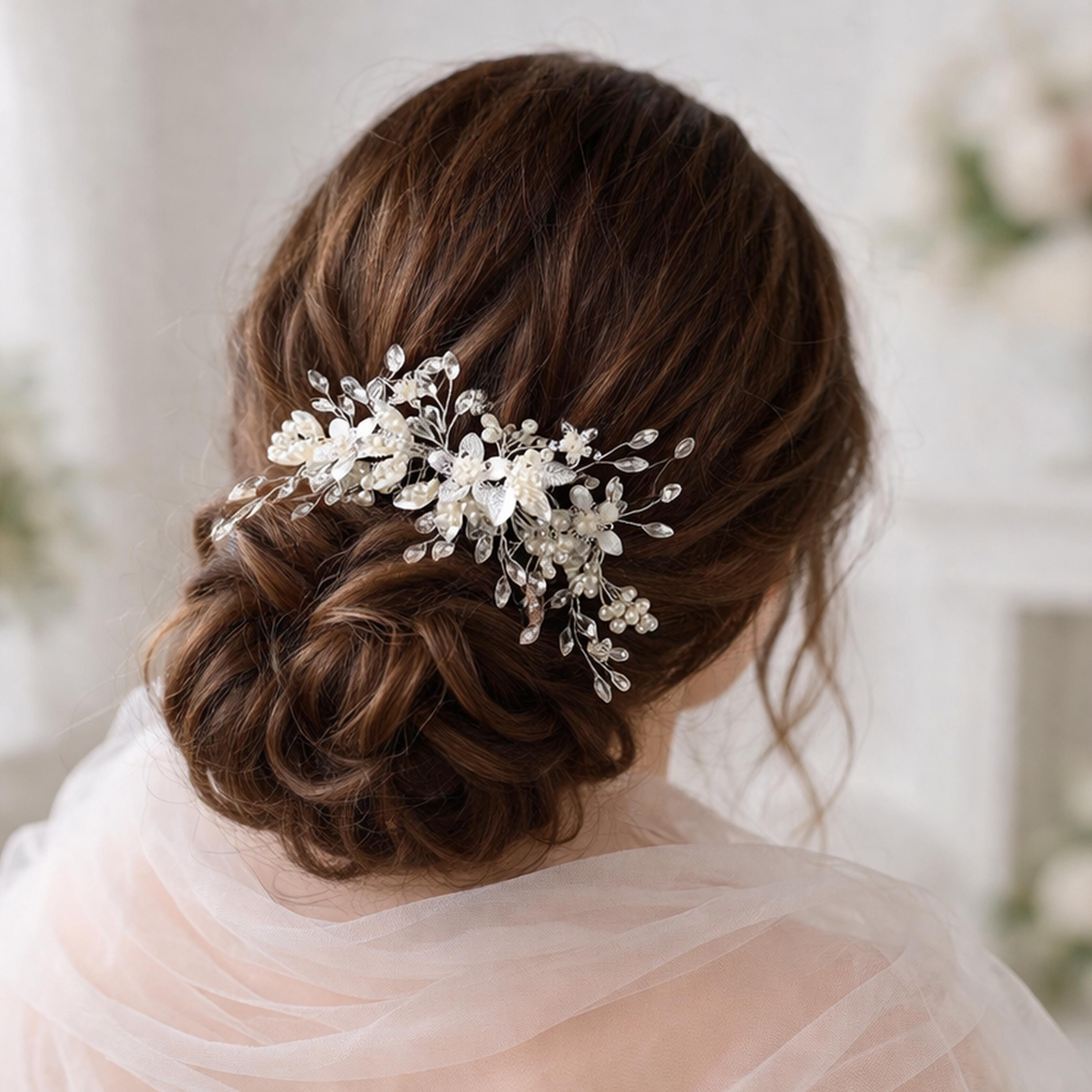 Yolev 5-delige zilveren bloemparel haarspelden voor bruiloft - witte haarstukken en accessoires voor dames en meisjes (9 cm