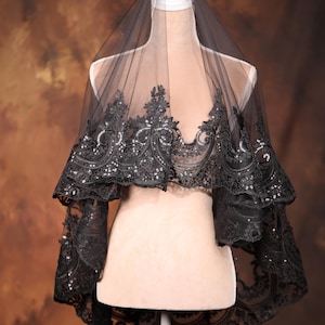 Handmade Black Lace Edge Wedding Veil: Gothic Bridal Accessory