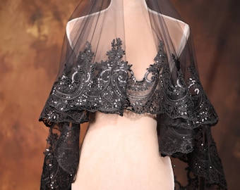 Handmade Black Lace Edge Wedding Veil: Gothic Bridal Accessory