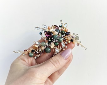 Burgundy Moss Agate Wedding Hair Comb: Gold Bridal Hair Piece