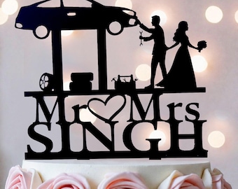 Funny Mechanic Wedding Cake Topper: Bride Dragging Groom, Wrench & Tools