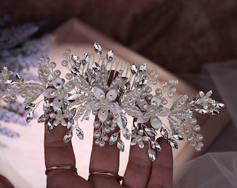 Pettine da sposa con fiori in argento. Pettine per capelli da sposa con perle. Accessori per capelli da sposa. Pezzo per capelli da sposa. Pettine per capelli in cristallo YHC1035pr