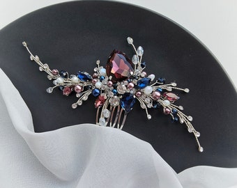 Burgundy and Navy Blue Crystal Wedding Hair Comb. Wedding Hair Piece. Bridesmaids Hair Piece. Wedding Hair Jewelry. Prom hair comb VF-289