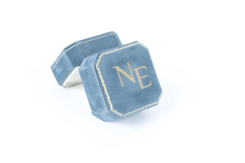 a blue, square-shaped box with the letters "NE" printed on it.