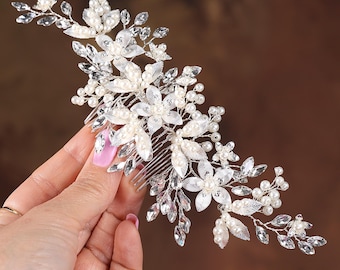 Silver Pearl Flower Bridal Hair Vine Comb, Crystal Wedding Hair Piece for Bride