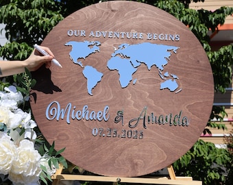 3D World Map Wedding Guest Book: Personalized Wood Adventure Sign