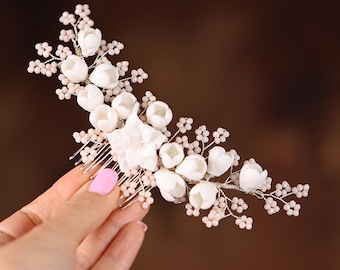 White Porcelain Flower Bridal Comb, Silver Wedding Hair Piece, 6 Inch