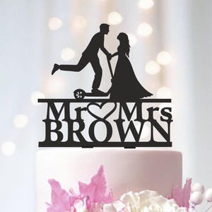 Scooter Wedding Cake Topper: Bride Dragging Groom, Personalized Surname