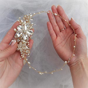 Gold Flower Bridal Hair Vine: Pearl & Crystal Wedding Headpiece