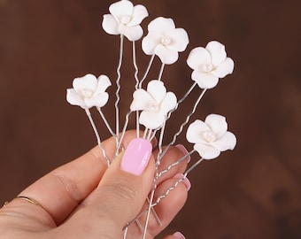 Porcelain Flower Bridal Hair Pins: White Pearl Wedding Hairpiece (Set of 6)
