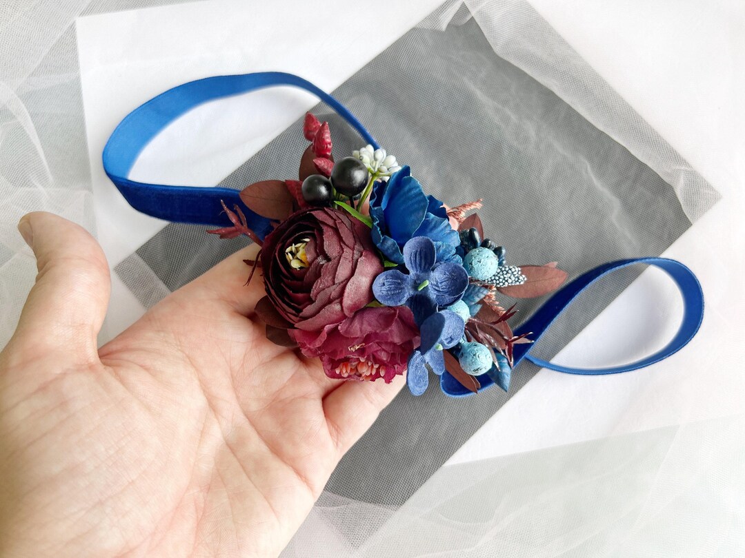 Burgundy and Navy Bracelet. Bridal Flower Wrist Corsage With Roses