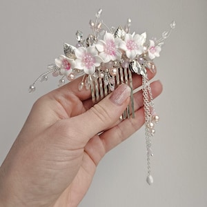 Silver Sakura Blossom Wedding HairComb, Pink Cherry Flower Hair Accessories, Blush Floral Bridal Hair Piece VF-729