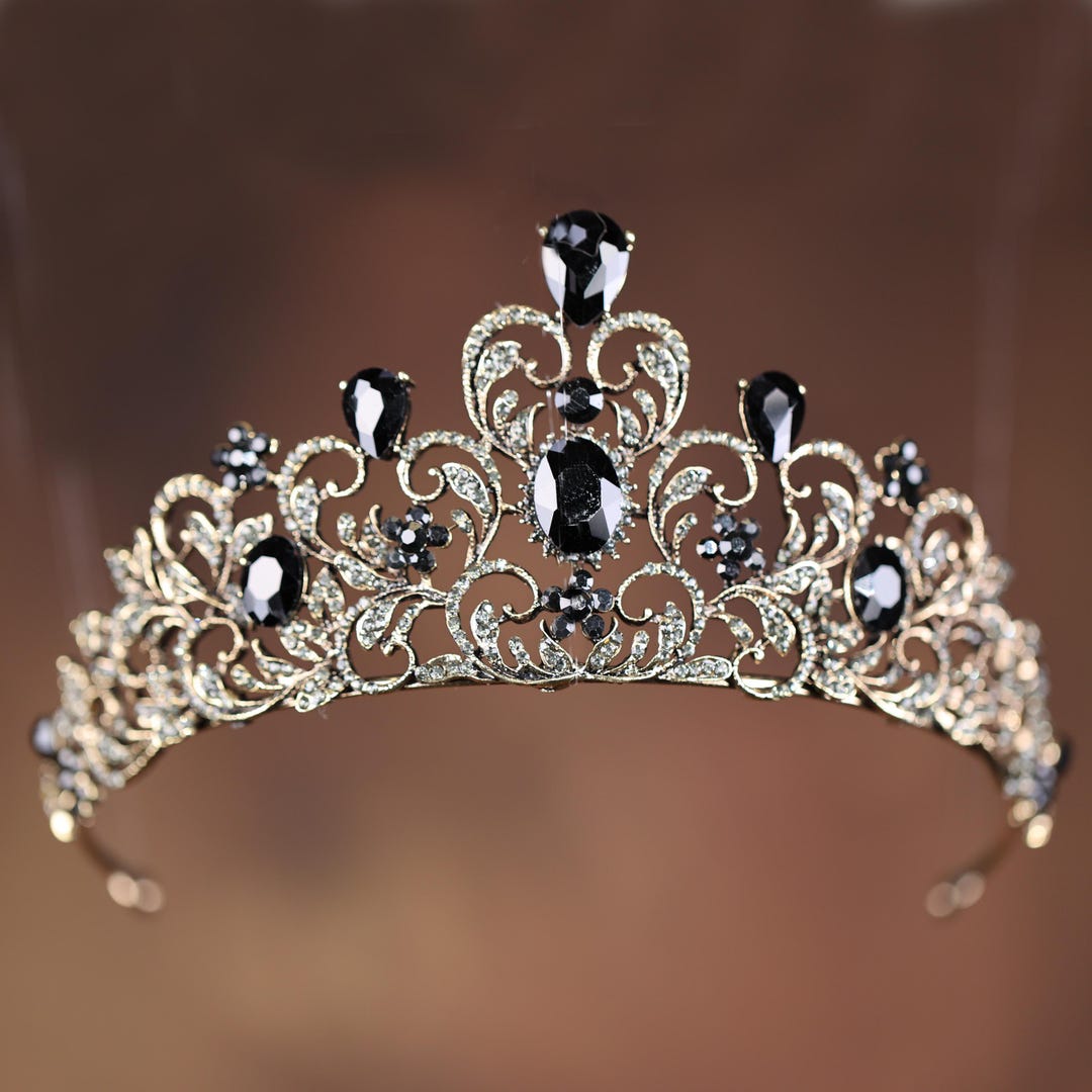 Boutique Gold and Black Crystal Tiara Vinté Pointed Black Crystal Crown Tiara - Pritzy main image 2