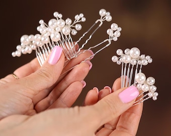 Conjunto de peineta y horquilla para el cabello de novia, hecho a mano con perlas o diamantes de imitación: Accesorios para el cabello de boda