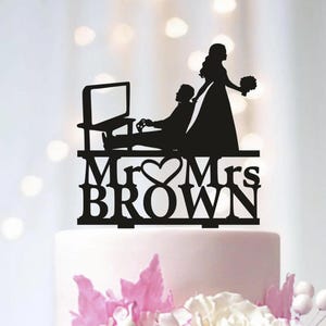 Gamer Wedding Cake Topper: Bride Dragging Groom, Video Game Theme
