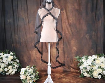 Handmade Black Lace Edge Wedding Veil: Gothic Bridal, 55 Inches