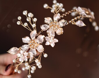 Elegant Pearl Bridal Headband Crystal Rhinestone Floral Hairband Hair Accessory Sophia Crystal & Pearl Headband – Rhinestone Bridal Headband  main image 4