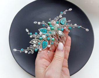 Silver Turquoise Bridal Hair Comb. Floral Wedding Hair Comb. Crystal Hair Comb for Wedding. Bridal Hair Piece. Hair Accessory VF-601