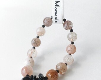 Pulsera elástica de cuarzo rutilado de cobre y ónix negro / Pulsera elástica con cuentas de cristal natural / Regalo de joyería con piedras preciosas espirituales
