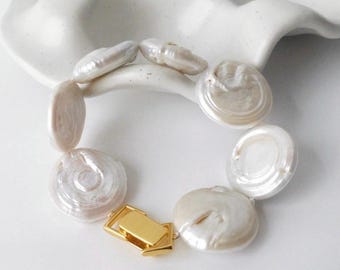LOU Chunky Coin Pearl Bracelet, Flat Baroque Pearl Gold Bracelet, Modern Watchband Clasp, Bold Bridal Wedding Pearl Jewelry Gift