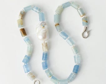 CHLOE Blue Calcite Flameball Pearl Necklace, Turquoise Inlay Baroque Pearl Beaded Choker, Spiritual Gemstone Jewelry Gift