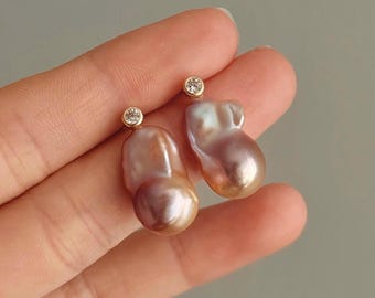 Mini Metallic Flameball Baroque Pearl CZ Stud Earrings, Purple Orange Iridescent Pearl Gold Vermeil Studs, One of a Kind Bridal Jewelry Gift