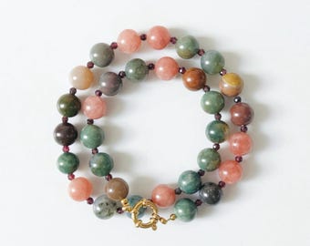 GINEVRA Earthy Gemstone Necklace | Handmade Forest Green & Moss Agate Red Multicolour Stone Choker | Waterproof Vintage Statement Jewelry