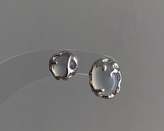 White Onyx Stud Earrings | Dainty Chalcedony Gemstone Silver Studs