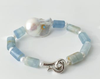 CHLOE Blue Calcite Flameball Pearl Bracelet, Natural Gemstone Energy Crystal Wristband, Spiritual Ocean Jewelry Gift
