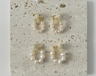 Baroque Pearl Clip On Hoop Earrings, Non Pierced Comfortable Invisible Daily Pearl Earrings, Modern Bridal Wedding Bridesmaid Jewelry Gift