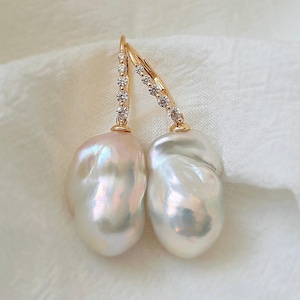 VALERIA Flameball Baroque Pearl Dangle Earrings, CZ Leverback Hook Drop, One of a Kind Bold Bridal Jewelry, Elegant Statement Gift