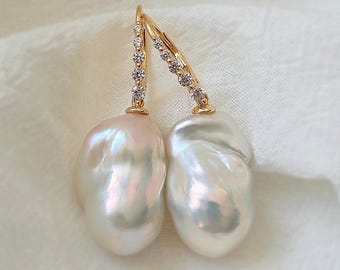 VALERIA Flameball Baroque Pearl Dangle Earrings, CZ Leverback Hook Drop, One of a Kind Bold Bridal Jewelry, Elegant Statement Gift