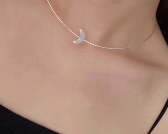 Moon Baroque Pearl Snake Chain Choker Necklace, Iridescent Crescent Pearl Pendant Sterling Silver Collar, Minimalist Celestial Jewelry Gift