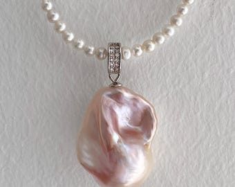 24mm Pink Baroque Flameball Pearl Pendant, Large Iridescent Pearl Charm with Zircon Pavé Fixed Bail, One of Kind Jewelry Gift