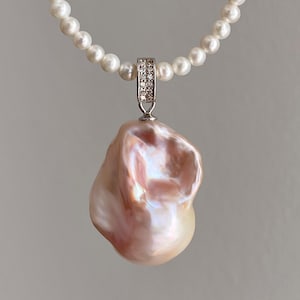 24mm Pink-Tone Iridescent Baroque Pearl Pendant | One-of-a-kind Flameball Pearl Charm with CZ Bail