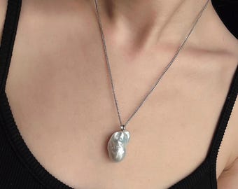 Handpicked Silver Blue Baroque Pearl Pendant Necklace, One-of-a-Kind Removable Flameball Charm, Waterproof Stainless Steel Chopin Chain