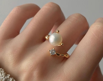 DIANA Single Pearl Open Ring, Adjustable Silver & Gold Vermeil Pearl Ring, CZ Accent Wave Ring, Minimalist Wedding Pearl Jewelry
