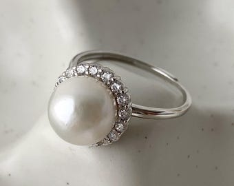 HEIKE Single Pearl Open Ring, Sterling Silver CZ Halo Adjustable Band, Statement Bridal Jewelry Gift