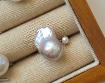 One of a Kind Asymmetric Two Pearl Open Ring, Handmade Iridescent Baroque Pearl Sterling Silver Statement Ring, Bridal Cocktail Pearl Gift