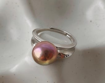 Metallic Edison Pearl Open Ring, Iridescent Purple Green Sterling Silver Adjustable Ring, Bold Minimalist Pearl Jewelry Gift